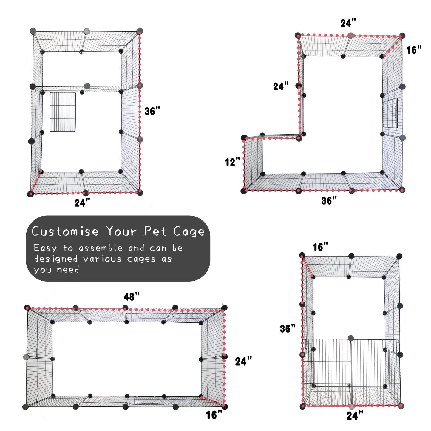 Guinea Pig Cages 8 Sq Ft Expandable C&C Cage Habitats for 2 Small Animal House Pet Playpen Metal Grids Indoor Rabbit Fence Hedgehog Cage with PVC Liner, 48 x 24 x 16 inch, 12 Panels, by CHEGRON